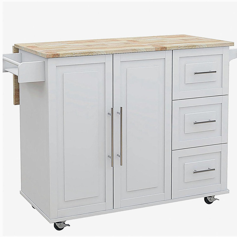 Spice Rack, Towel Holder, and Extendable Solid Wood Table - White Kitchen Island
