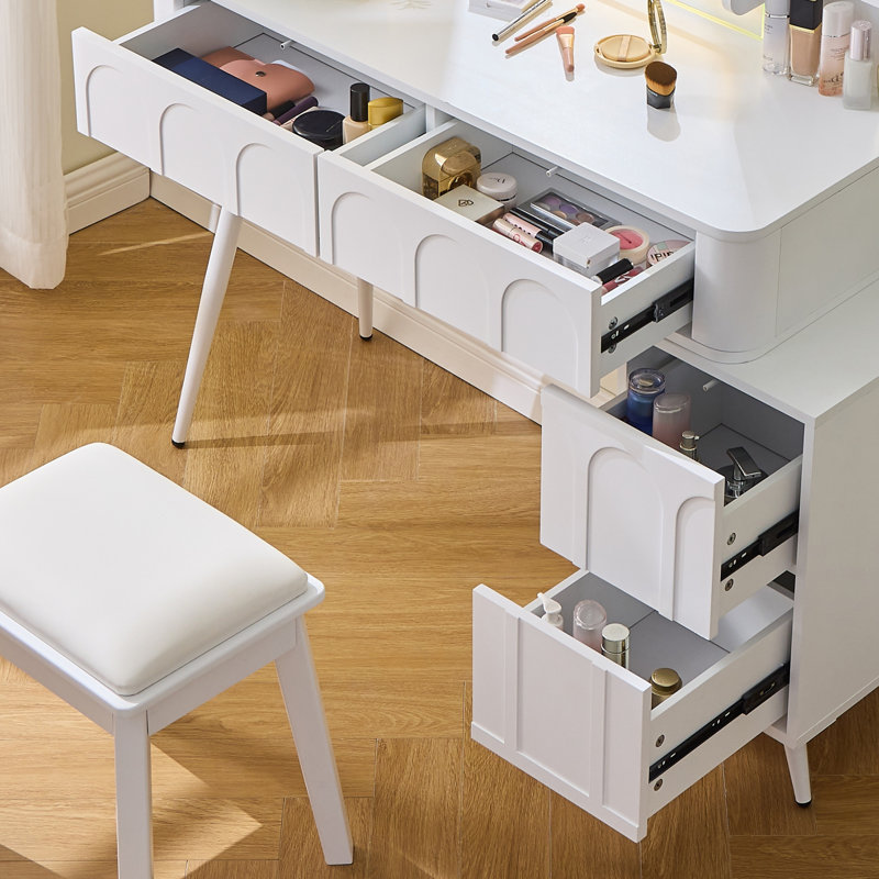 Ensemble de coiffeuse moderne avec tabouret, lumières DEL et miroir, 4 tiroirs, panneaux ondulés uniques et tablettes ouvertes