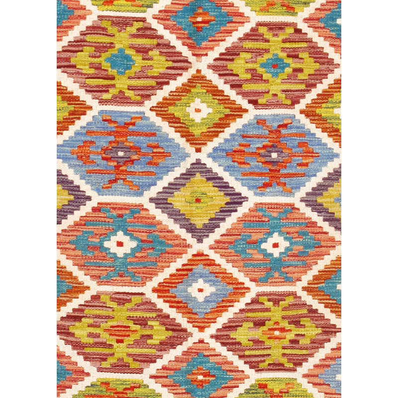 Tapis unique vert / orange / blanc / bleu de 3 pi 5 po x 6 pi 10 po Kilim
