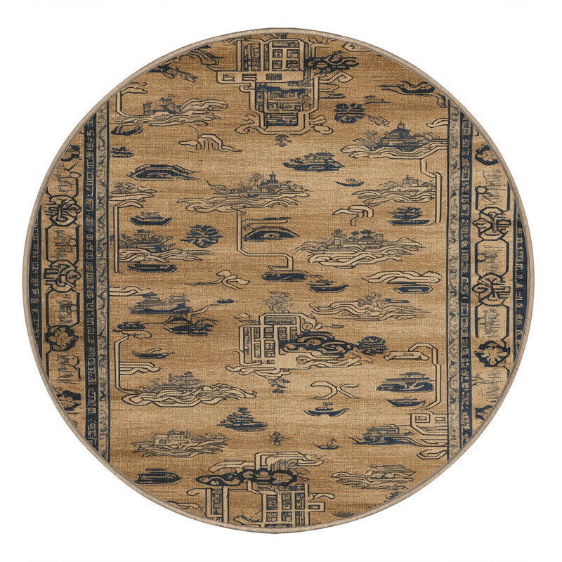 Tapis art déco brun lavable à la machine, Rond 7 pi