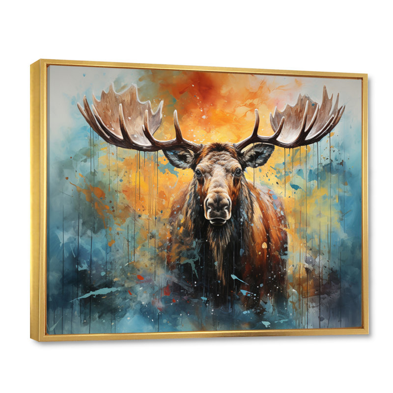 «Colorful Moose Majestic Collage II - Moose», reproduction sur toile encadrée, Cadre flottant doré