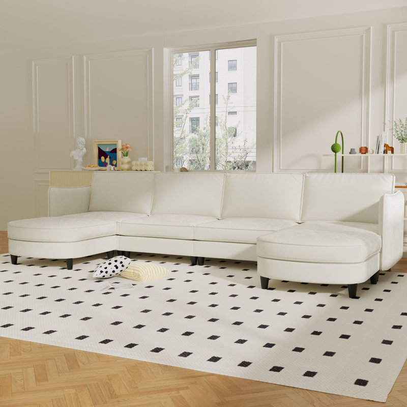 6 Seater U-Shaped Sofas with Movable Ottoman, Beige