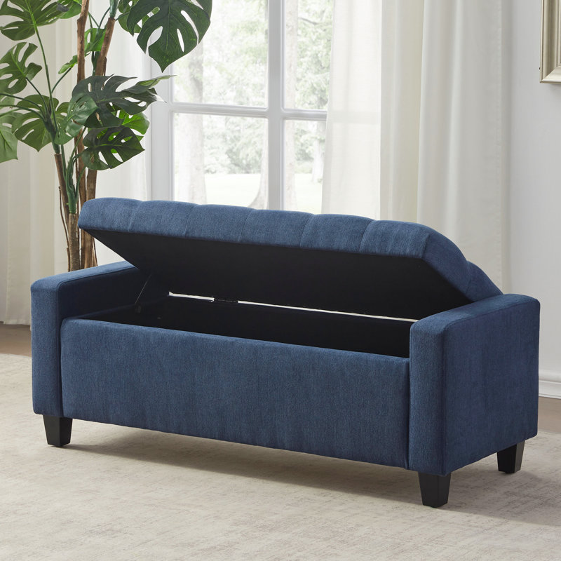 Dark Blue Upholstered Storage Ottoman Bench with Solid Wood Legs