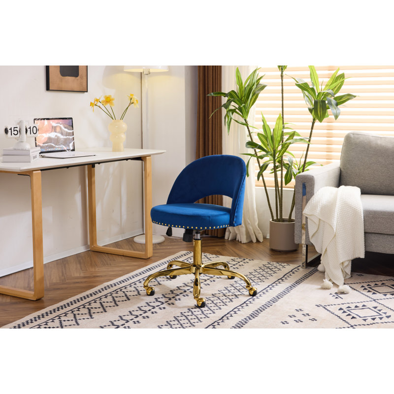 Task Chair Office Desk Chair Make Up Chair With Wheels, Velvet, Navy