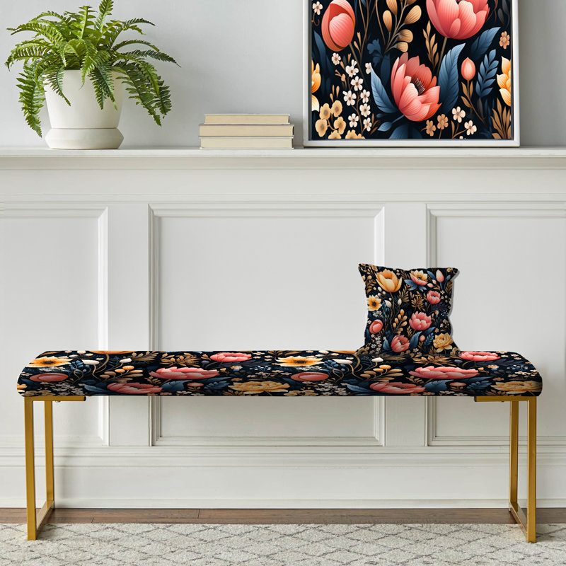 Botanical Upholstered Gold Bench, Multicolor Wildflowers Garden On Black