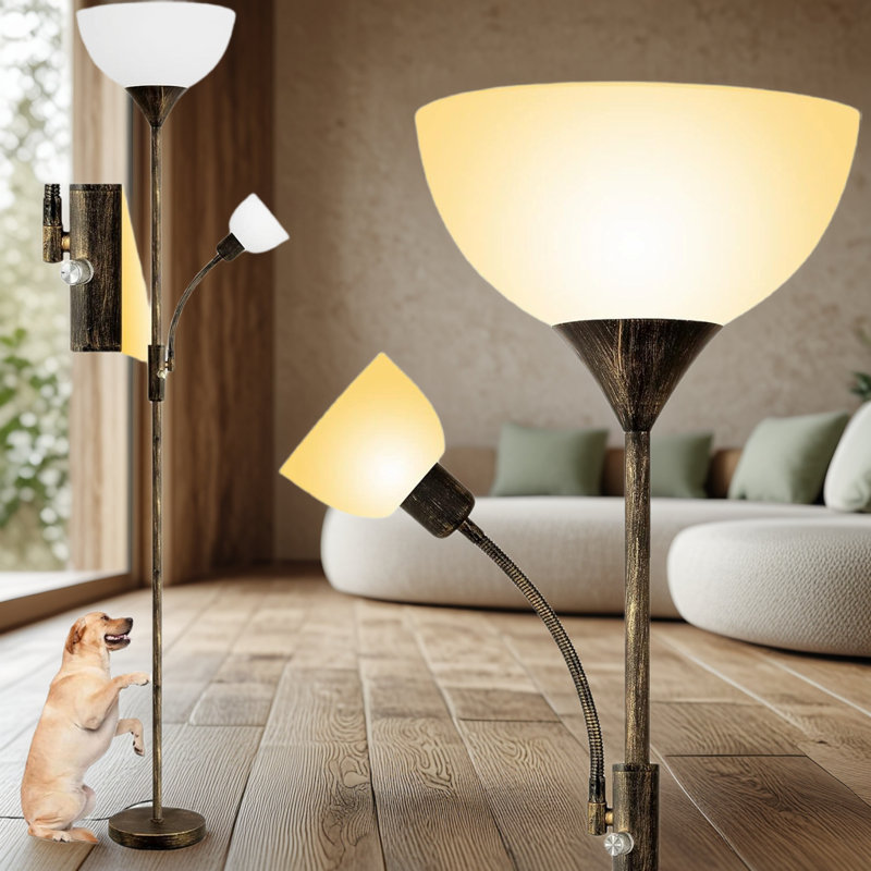 Dual-Head Floor Lamp With Adjustable Reading Light, 3-Way Switch, For Living Room, Bedroom, Or Office, Dark Brown