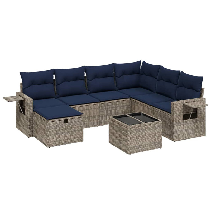 Ensemble de canapé de patio 8 pièces avec coussins en rotin de polyester, Marine, Gris