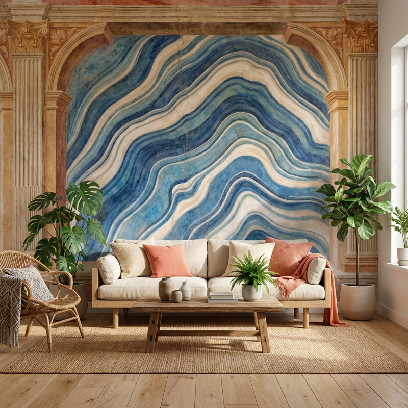 Papier peint géométrique, décoration murale rétro bleue, 160 po x 108 po, Non tissé