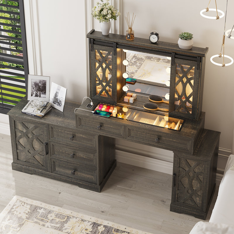 Makeup Vanity with Light and Storage Cabinet, Rustic Brown