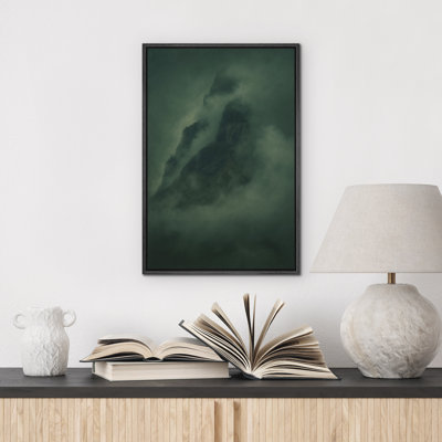 Dark Mountain Shrouded in Fog Framed Canvas Art - Moody Monochrome Landscape for Study or Entryway - Dramatic Nature-Inspired Decor