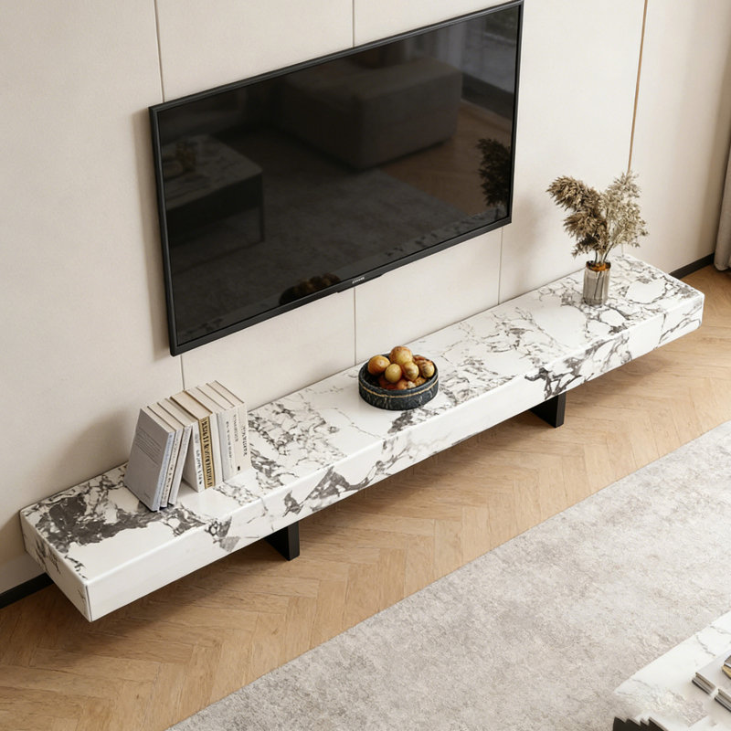 Meuble télé Modern Minimalisme, Blanc/Noir, H 7,87 po x L 86,61 po x l 15,74 po