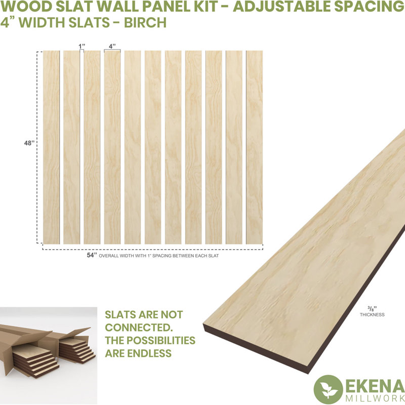 Adjustable Wood Slat Wall Panel Kit, 4"W x 47"H x 0.375"T, Birch