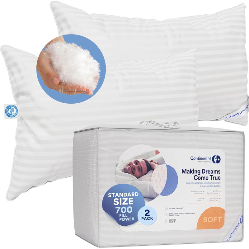 Continental Bedding Luxury 700 Fill Power Down Bed Pillows 2 Pack, Standard, Soft