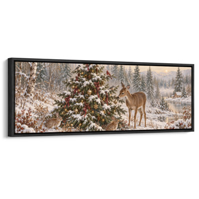 «Extra Large Christmas Tree Deer Snowy Forest Landscape», reproduction d'art sur toile encadrée