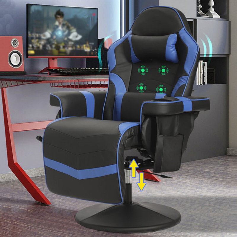 Red Barrel Studio® Caol Adjustable Reclining Ergonomic Faux Leather Swiveling PC & Racing Game Chair with Footrest, Blue