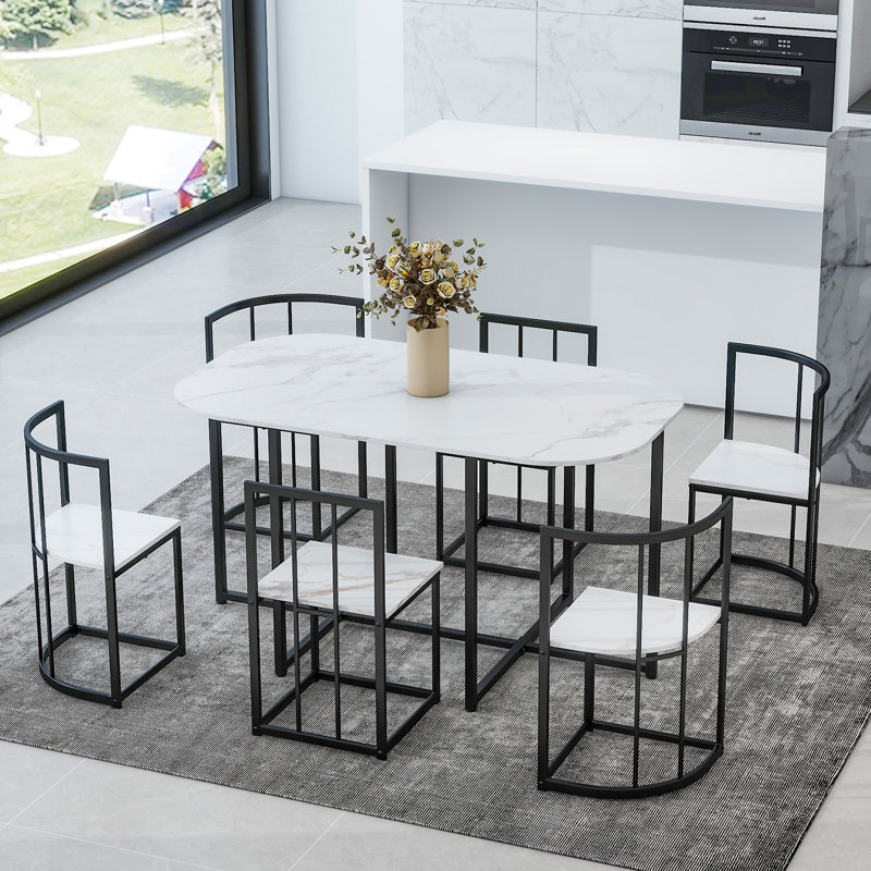 Ensemble de table de salle à manger moderne de 7 pièces avec table compacte en faux marbre 55 pouces pour 6 personnes TopMAX