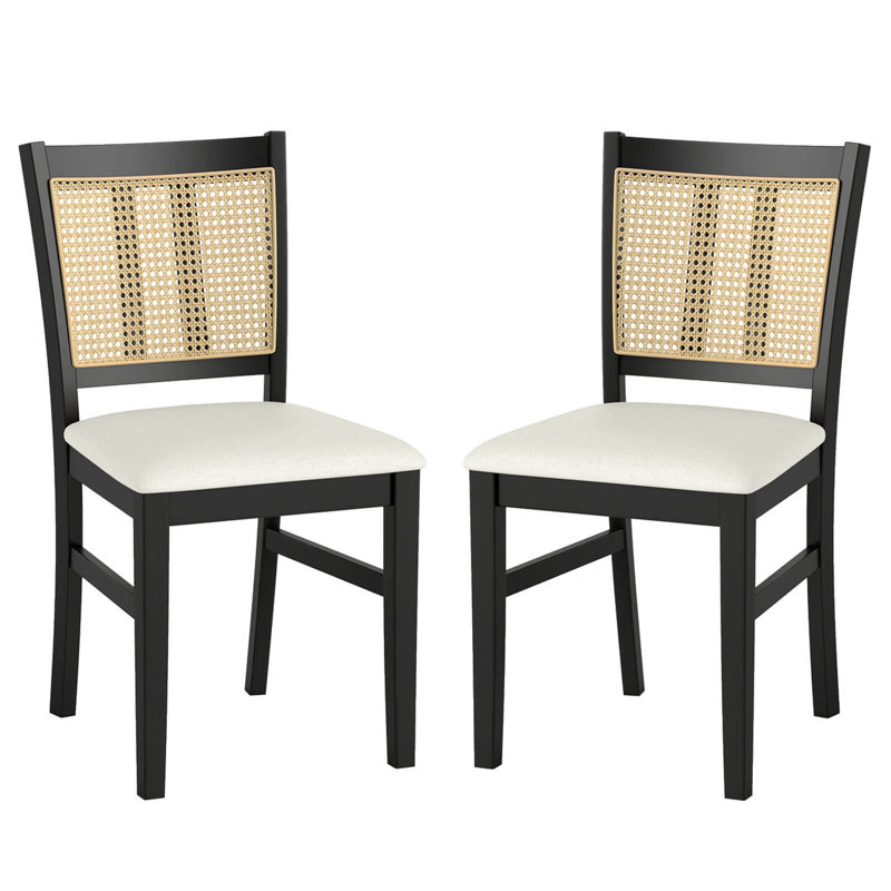 Farmhouse Rattan Dining Chair Set of 2 Fabric Upholstered Kitchen Chairs, 2