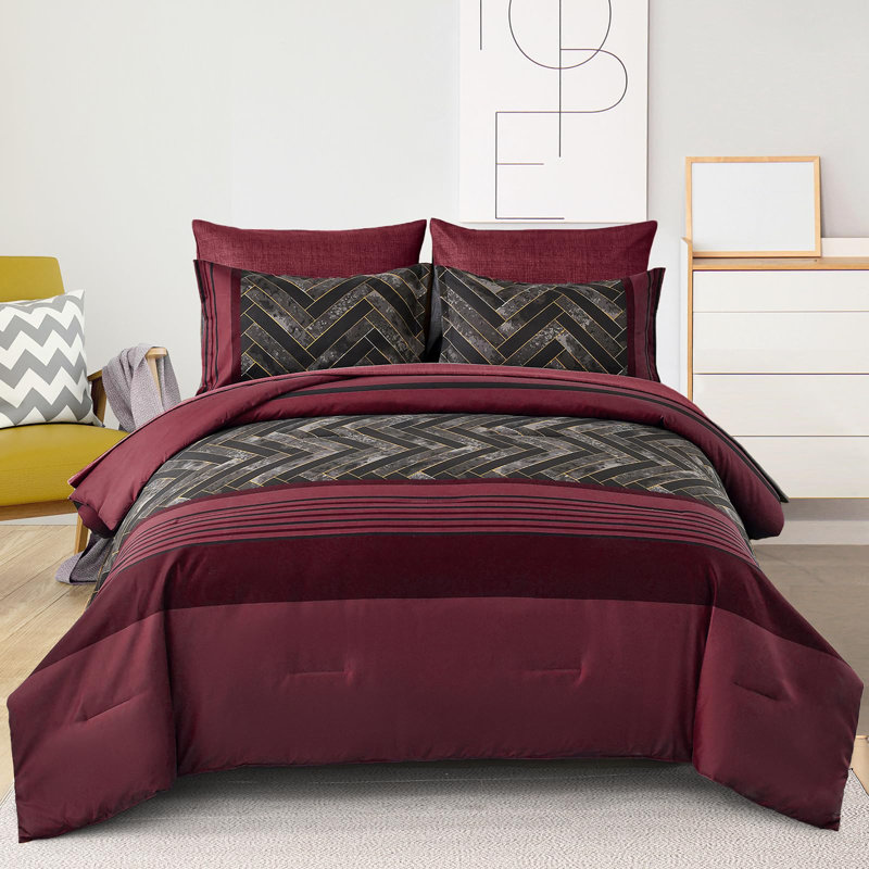 7-Piece Stripe Geometric Comforter Set, Soft Microfiber All-Season Complete Bedding Set, Burgundy