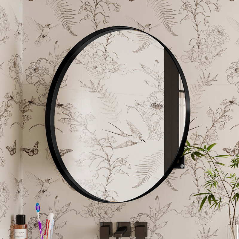 Armoire à pharmacie ronde avec cadre en métal 31,5 pouces avec miroir et tablettes réglables, Noir, noir, noir, noir