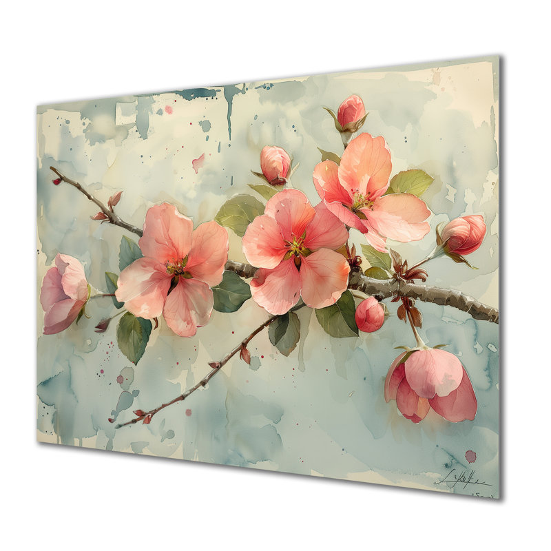 «Pink Apple Blossom Delicate Bloom», reproduction d'art murale, Sans cadre, métal, H 16 po x l 32 po