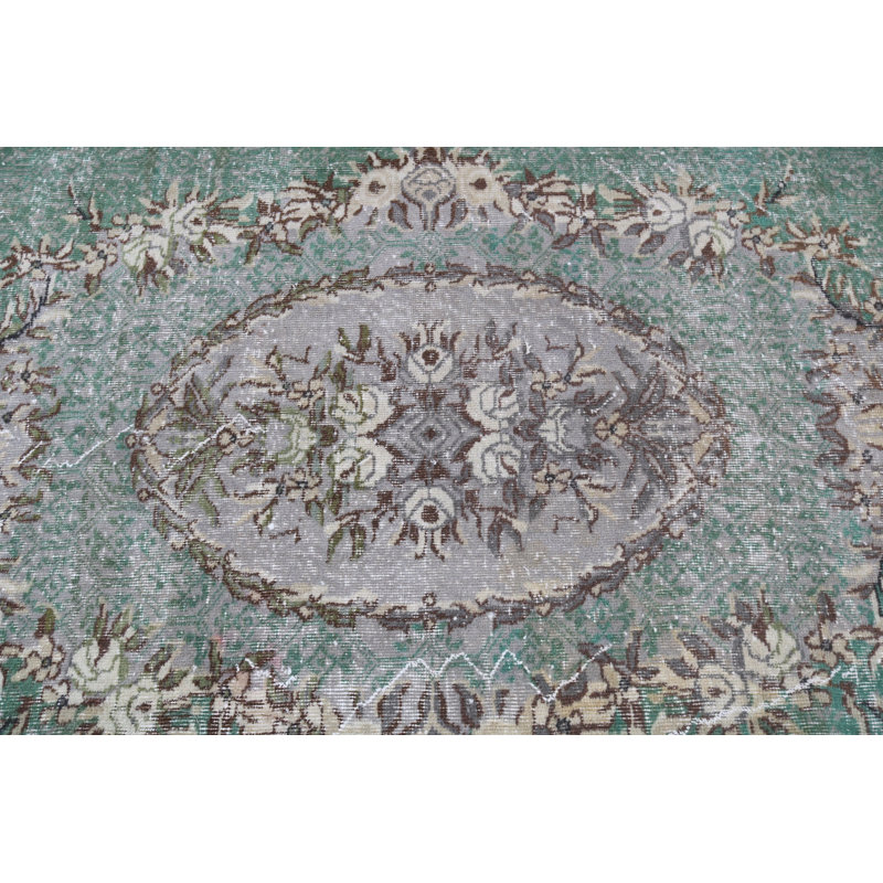 Tapis unique en laine vert Oushak idéal pour l'intérieur et l'extérieur, parfait pour un décor de style bohémien