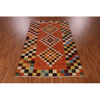 Checkered Wool Orange Moroccan Oriental Area Rug 7x10