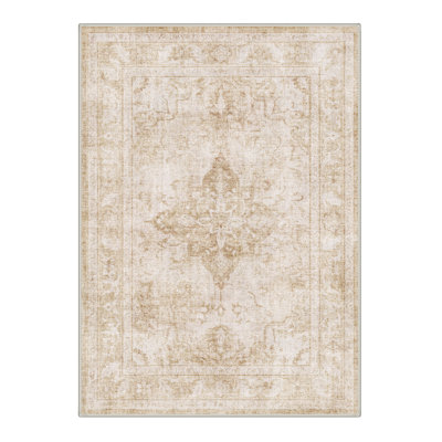 Tapis de couloir oriental beige / ivoire lavable à la machine avec envers antidérapant