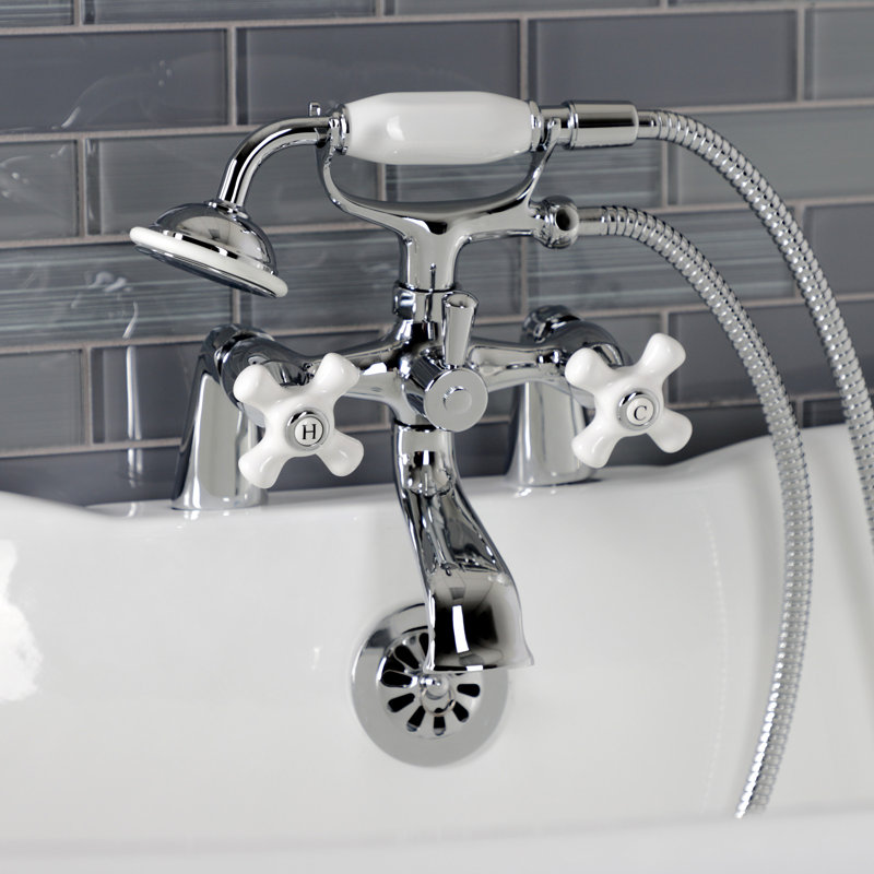 Kingston Brass Kingston Three-Handle 2-Hole Deck Mount Clawfoot Tub Faucet with Hand Shower, Polished Chrome