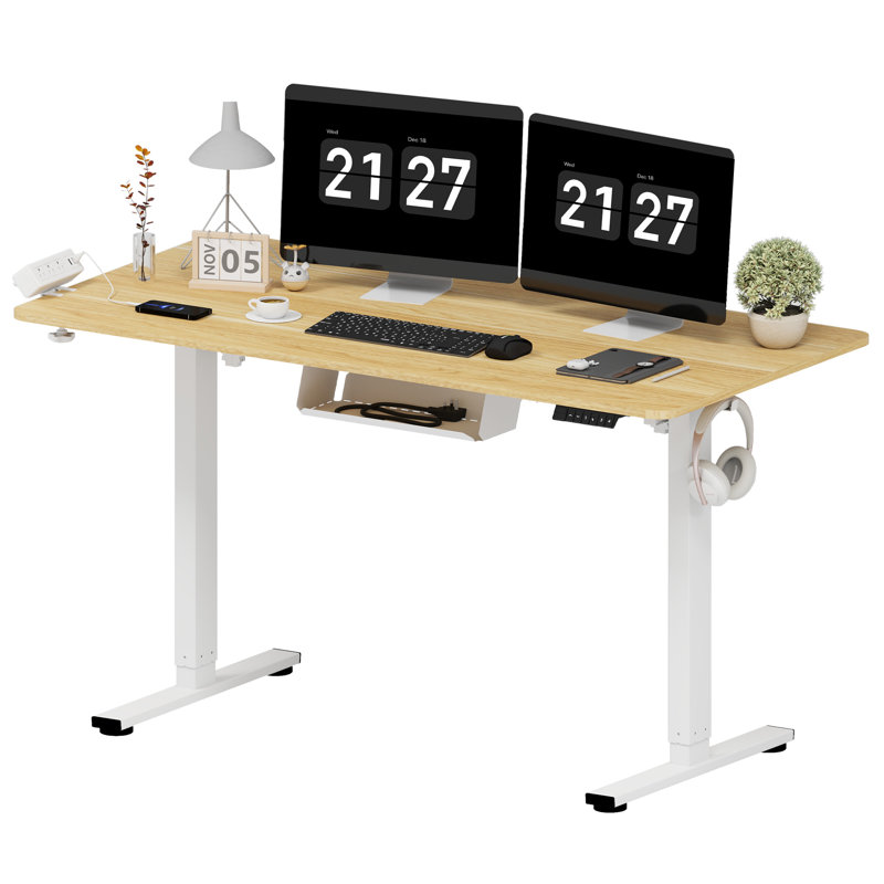 Bureau debout ajustable, bureau entier, Érable / Blanc, L 55 po x P 28 po