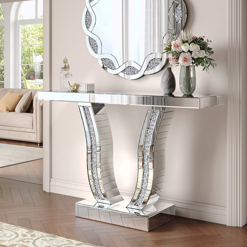 Console à miroir de 43 pouces, canapé d'entrée moderne en argent avec pieds courbés incrustés de pierre
