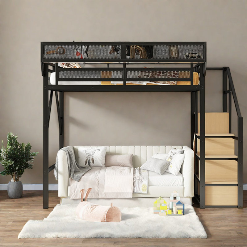 Lit mezzanine double avec rangement, en métal noir, style moderne, gain de place, pour chambre d'enfant