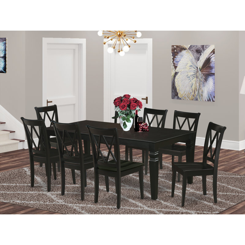 Ensemble de table de salle à manger 9 pièces comprenant une table de cuisine rectangulaire avec rallonge papillon et 8 chaises de salle à manger, 42 po x 84 po, noir