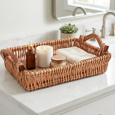 Plateau de meuble-lavabo en osier naturel tissé à la main - Organisateur de comptoir Farmhouse