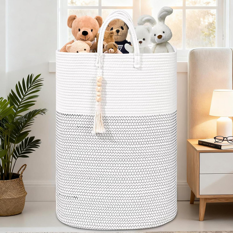 Woven Laundry Basket For Clothes Rectangle Laundry Hampers With Beads Tassel Nursery Storage Basket For Toys Tall Dirty Clothes Hamper For Bedroom Aesthetic Laundry Room Organization