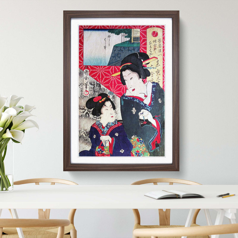 Two Ladies by Toyohara Kunichika - Framed Print, 36cm H x 27cm W x 2cm D, Walnut Framed