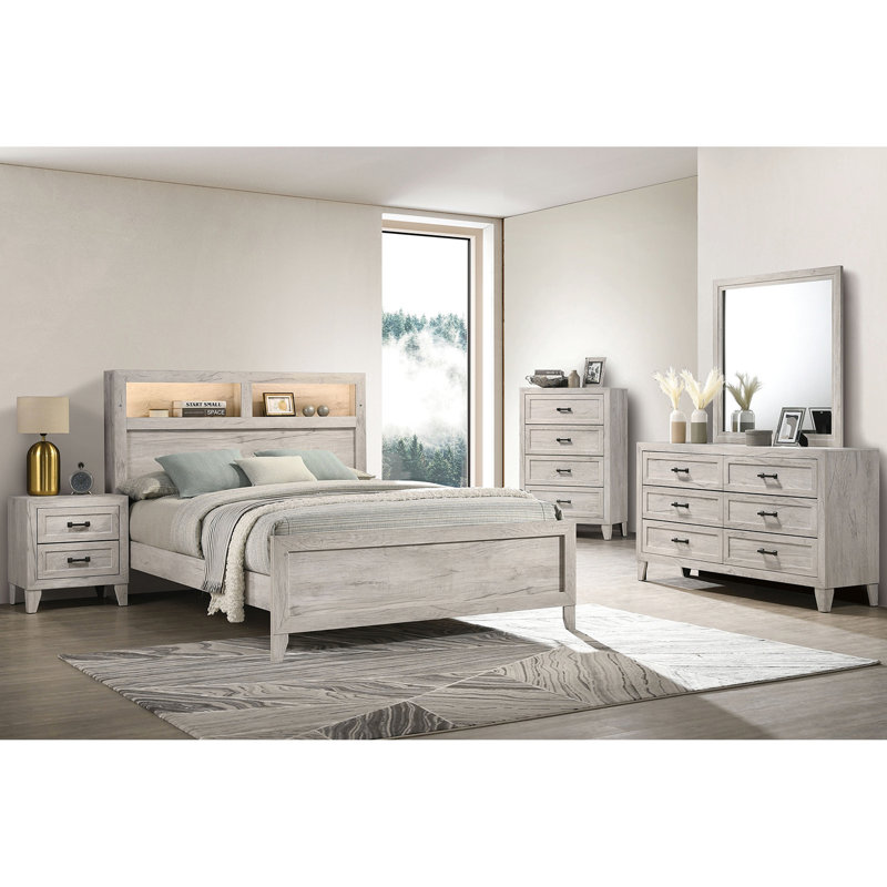 White Washed Full Size Bed With Headboard Shelves And Lighting, Contemporary Bedroom Furniture, Button Acrylic Buttons, Simple Assembly , Paper Veneer,