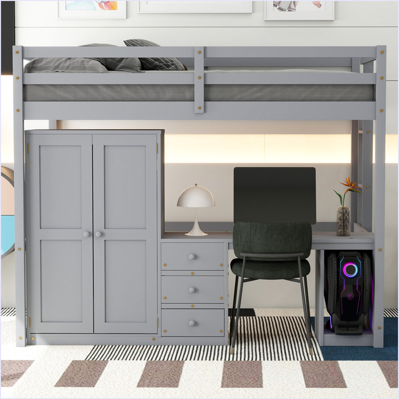 Lit mezzanine avec garde-robe, bureau et tiroirs de rangement, Gris, Lit double