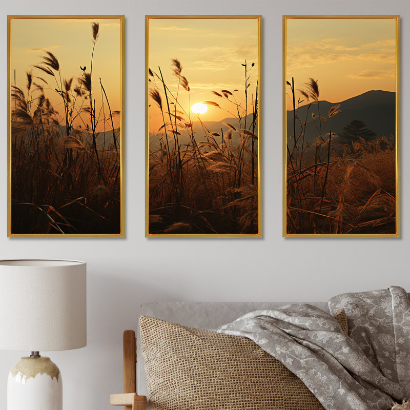 Field With Sunset - Landscape Wall Decor Set, Gold Floater Framed, 28" H x 36" W x 1" D
