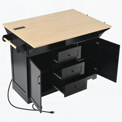 55.7'' Large Kitchen Island With 2 Drop Leaf,Rolling Kitchen Cart On 5 Wheels With Power Outlet, Folding Storage Dining Table With Spice & Towel Rack , 3 Drawers