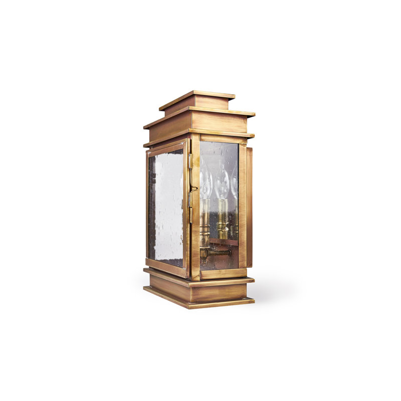 Lanterne murale d’extérieur 2 ampoules empire, Laiton antique, Verre puceux transparent, H 15,5 po x l 9,25 po x P 5,75 po