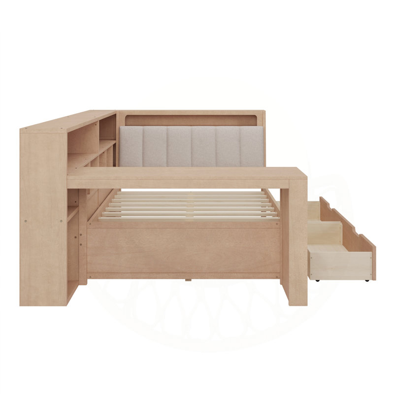 L-shaped Wooden Daybed with Desk and Storage Bookcase, Corner Bed with Upholstered Headboard and Under-bed Drawers and LED Light for for Bedroom Living Room