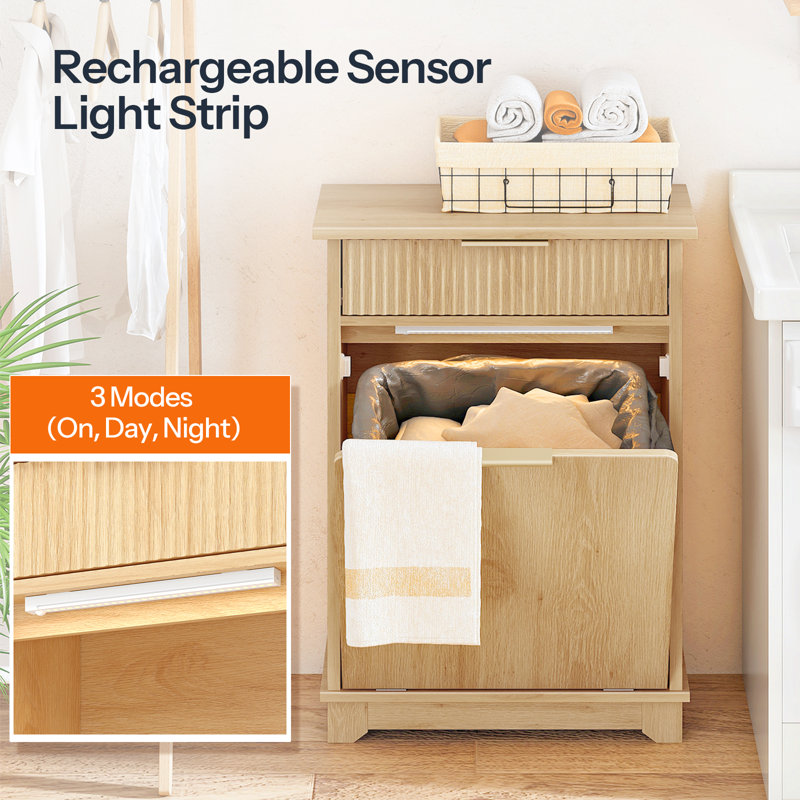 Armoire à poubelle en bois inclinable avec bande de capteur de lumière, rangement caché pour poubelle de cuisine et de buanderie avec tiroir et porte rabattable