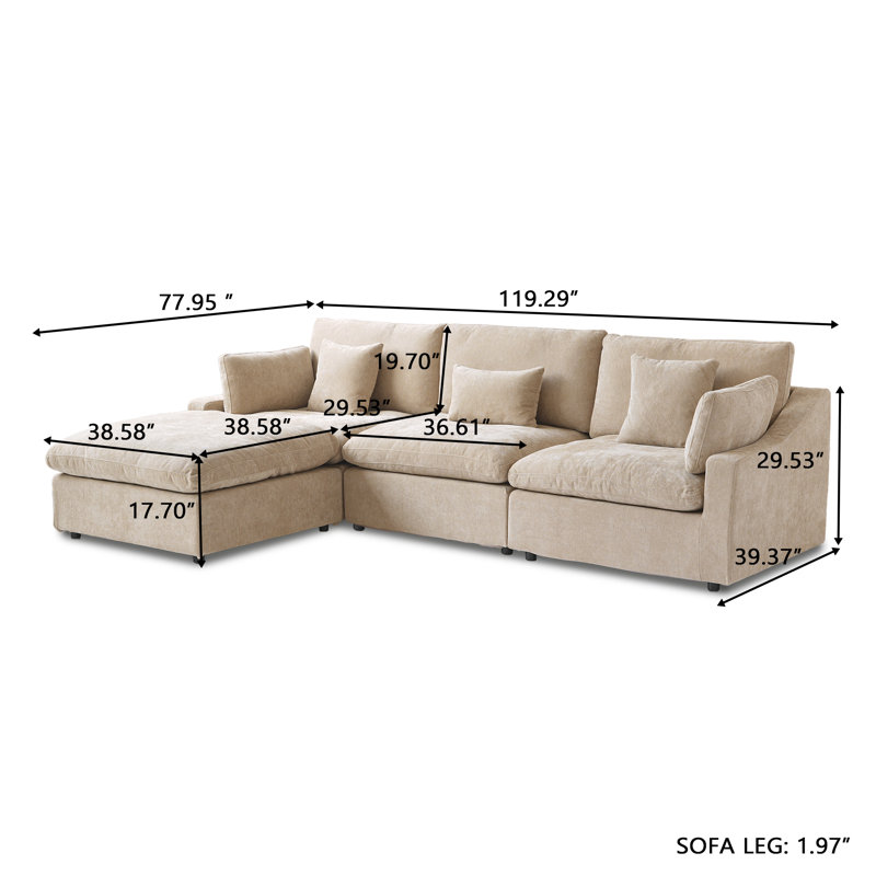 Canapé modulaire rembourré avec repose-pieds, H 29,53 po x l 119,29 po x P 77,95 po, Kaki