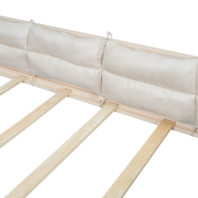 Lit plateforme beige avec garde-corps et coussin confortable - Structure pleine grandeur en bois massif