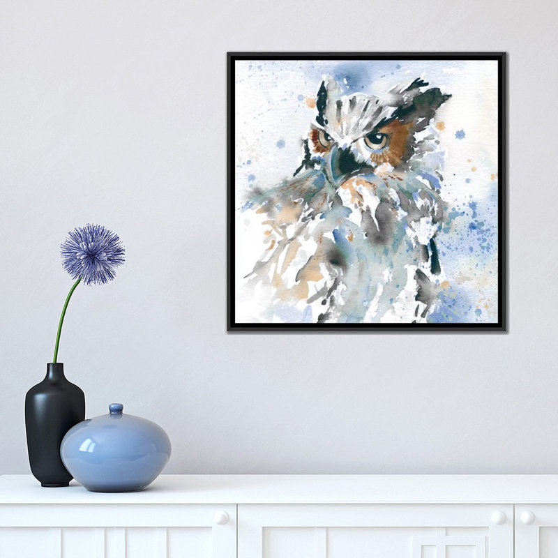 Chouette sur fond bleu, reproduction d'art sur toile tendue, H 18 po x l 18 po x P 1,5 po, Toile avec cadre noir