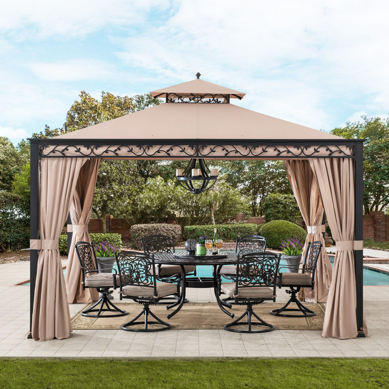 Sunjoy 10 ft. x 12 ft. Steel Gazebo with Decorative Vine Frame Detail, Light Tan/Black