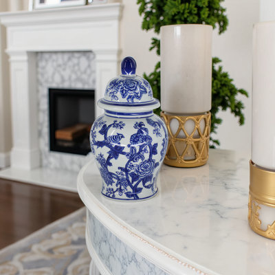 Classic Chinoiserie Tall Jar for Home Decor Display - Decorative Ceramic Table Jar with Lid for Shelves and Tabletops Styling - Blue & White