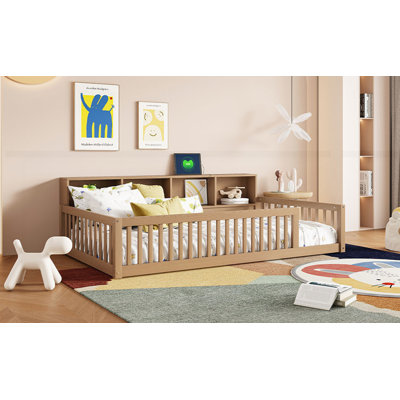 Lit en bois avec armoires de rangement et ports USB