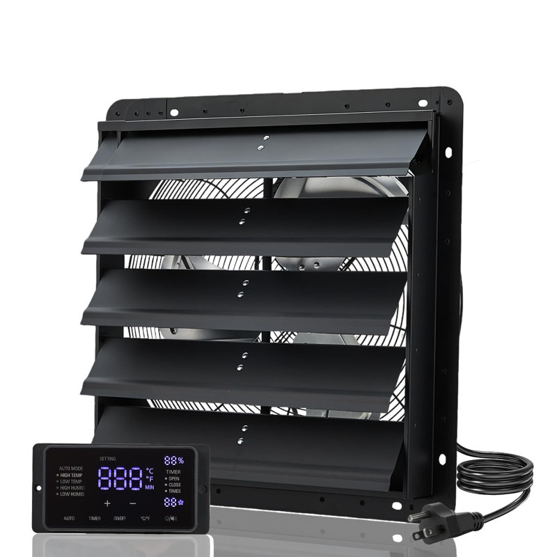 Ventilateur à volets 14 pouces avec moteur EC intelligent, ventilateur mural haute vitesse 2000 CFM avec régulateur de température et d'humidité, volets à fermeture automatique pour garage, entrepôt, noir