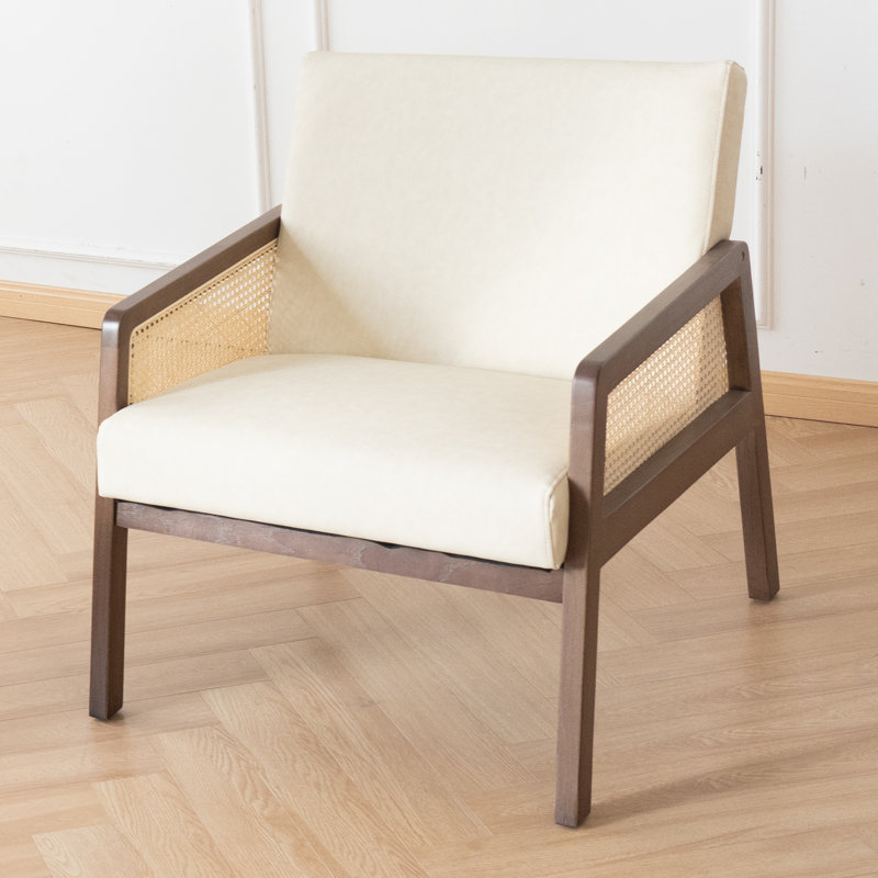 Upholstered Accent Chair With Rattan Mesh Armrests, Beige PU Leather, Beige